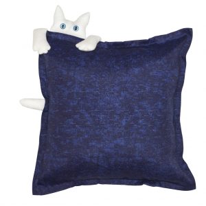 Almofada de Gatinho Branco Tecido Azul Escuro Mescla